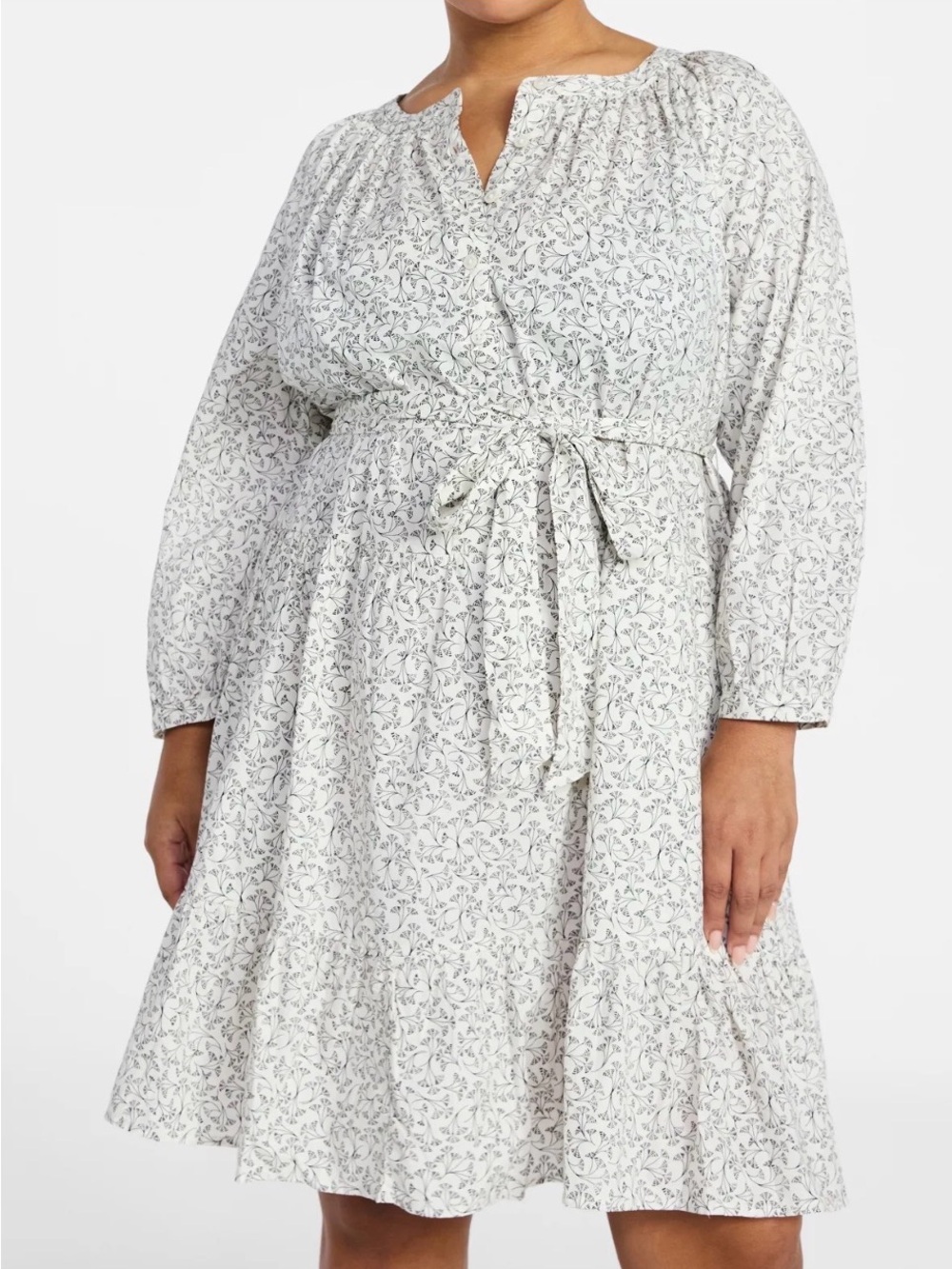 Time and Tru White Floral Tie-Waist Long Sleeve Dress